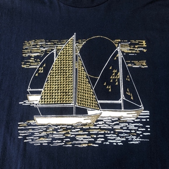 NAVY Blue Gold Glitter Sailboat Short Sleeve Tee Large Shirt Vintage - Picture 3 of 10